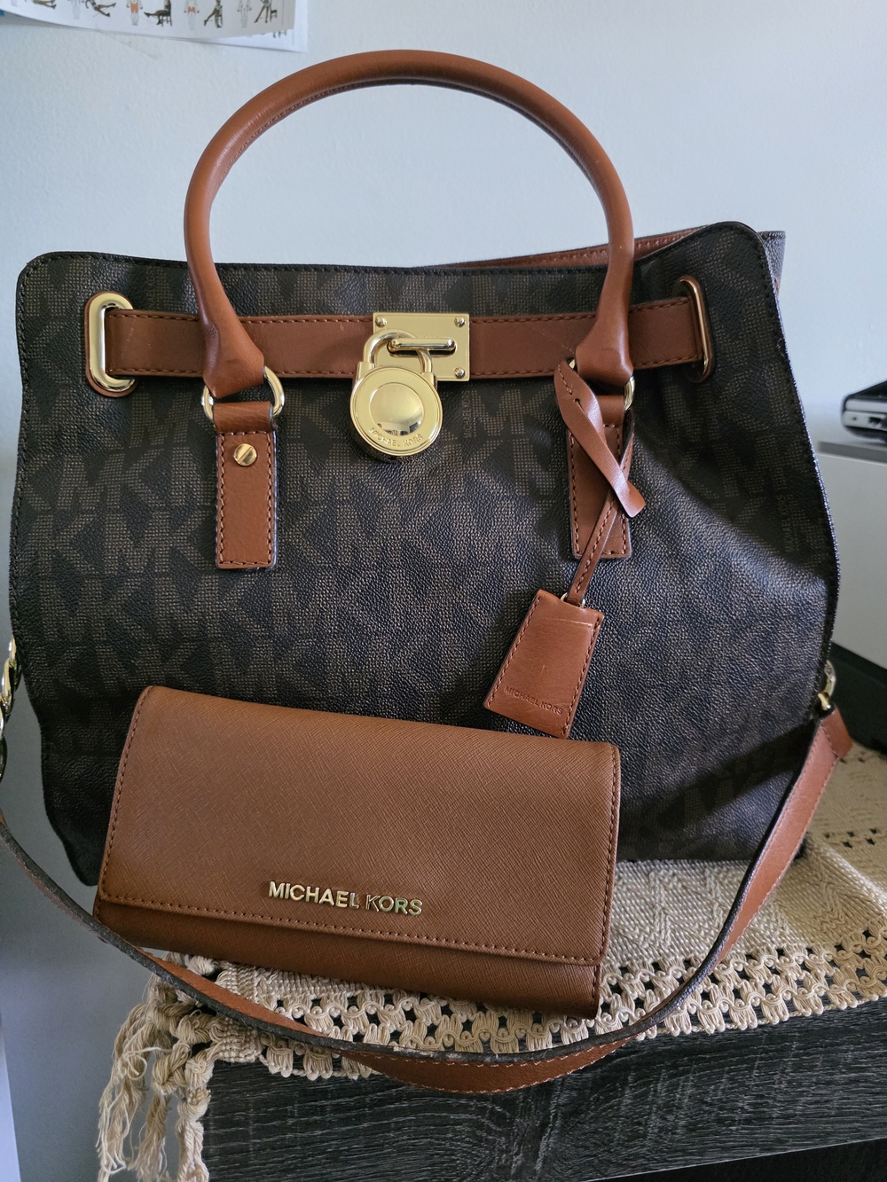 Michael Kors Brown MK Logo Tote with Tan Leather Trim and Gold Hardware